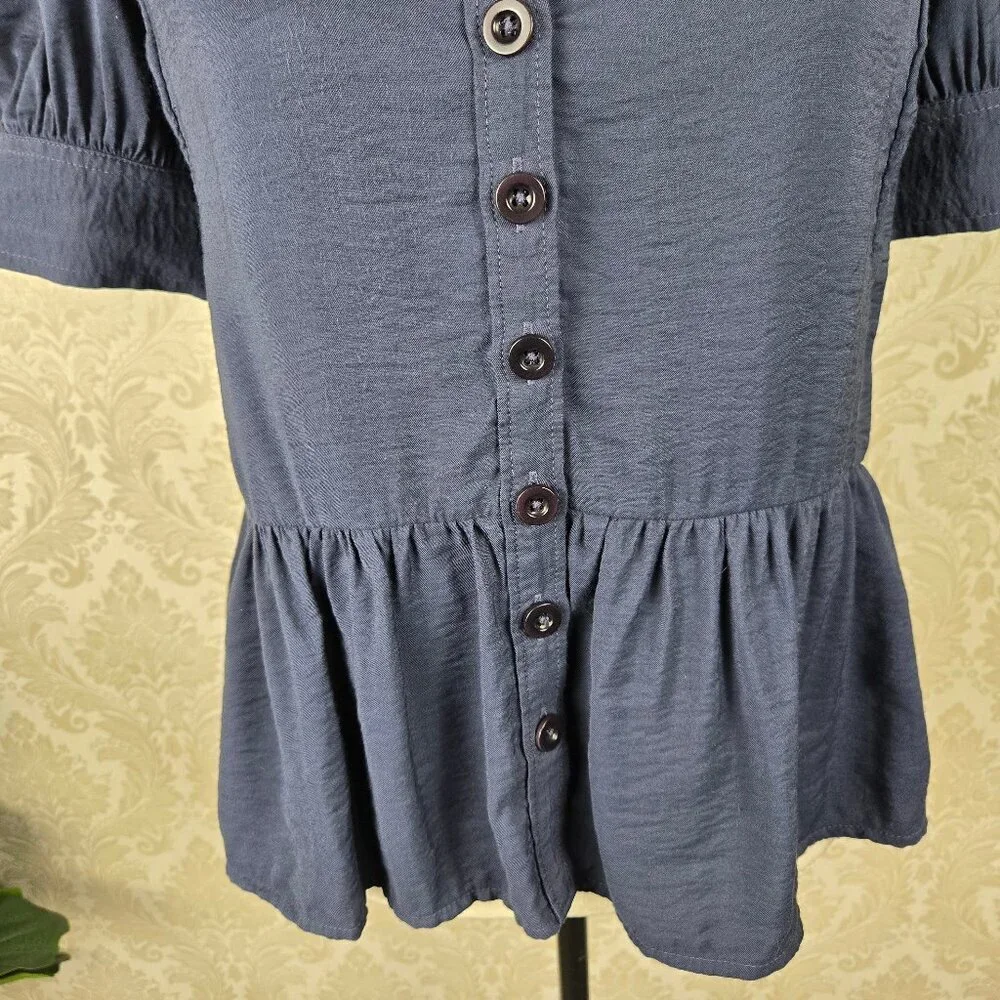 Madewell Size Small Navy Blue Peplum Top Puff Sleeves Vneck Button Front
